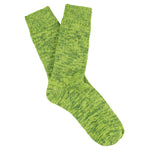 Women's fluo green melange crew socks by Escuyer, slub-knit combed cotton, made in Portugal