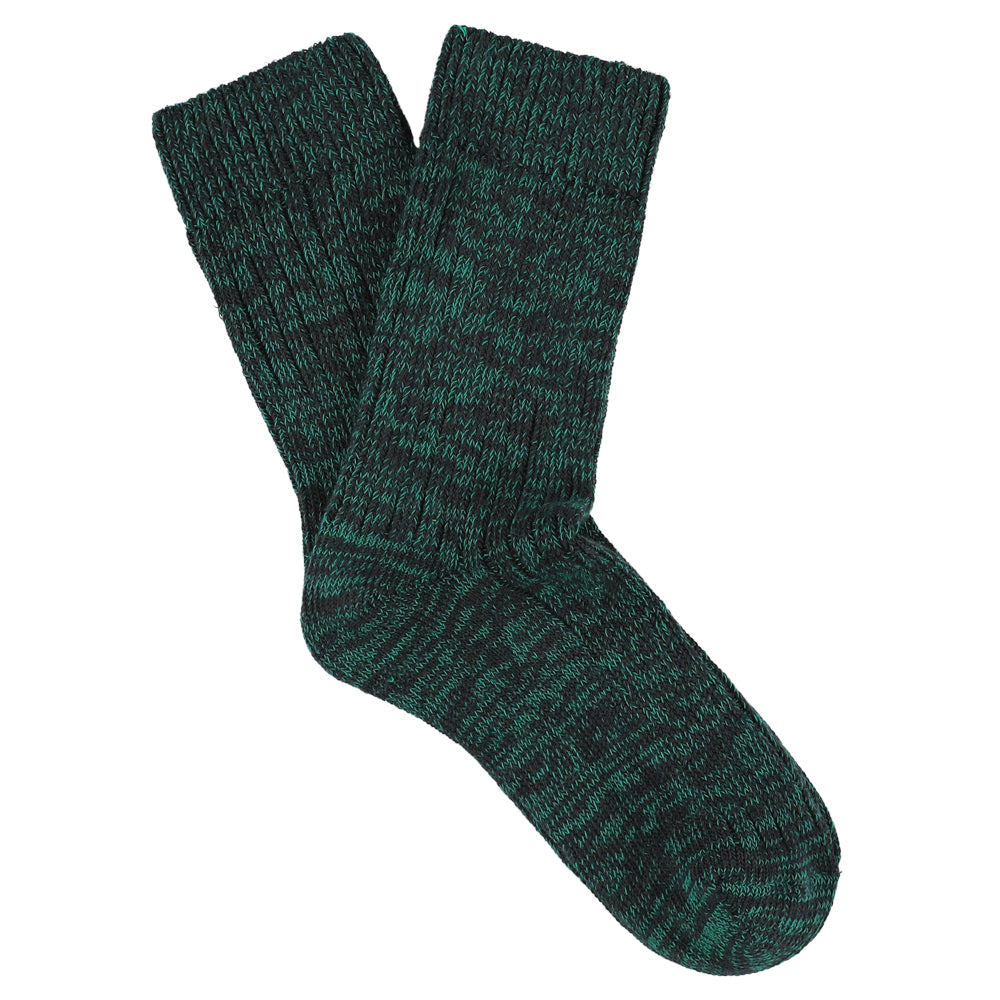 Women's off-black and green melange crew socks by Escuyer, slub-knit combed cotton, made in Portugal