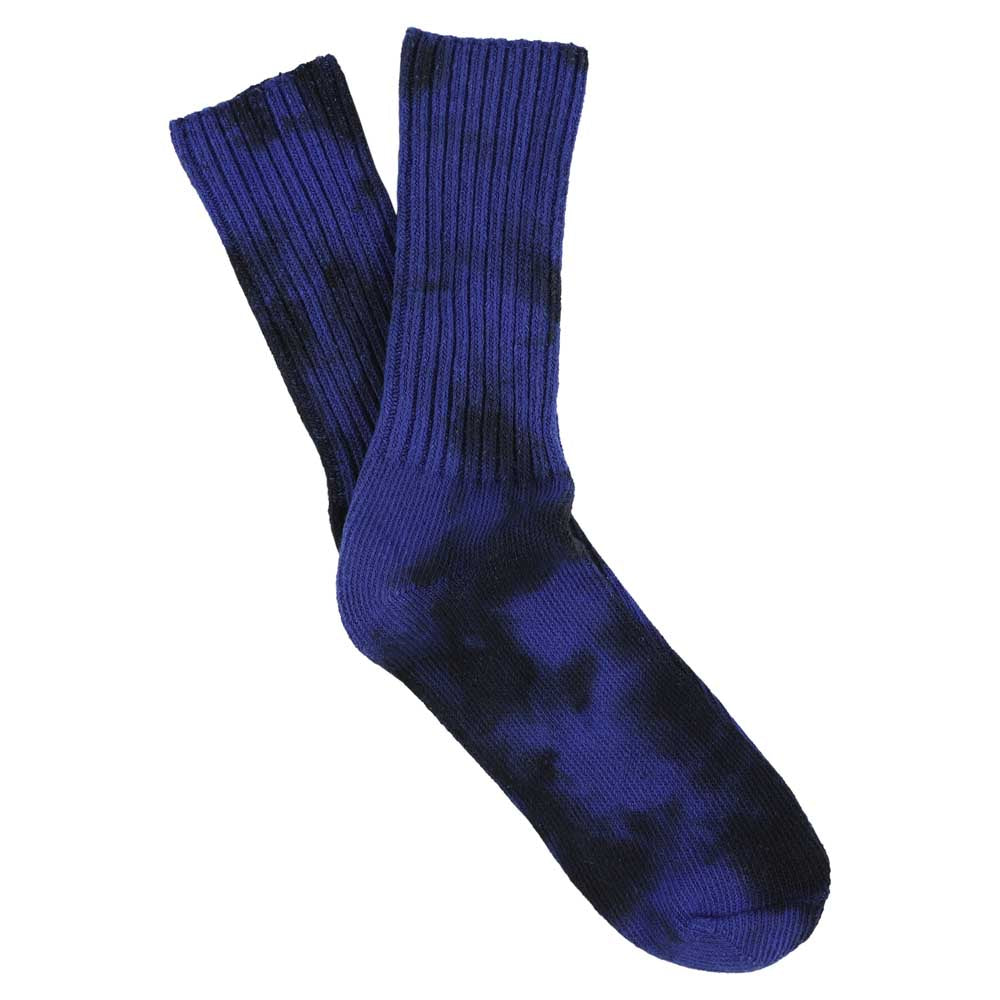 One-of-a-kind women's tie dye crew socks in black and strong blue, hand-dyed, made in Portugal by Escuyer