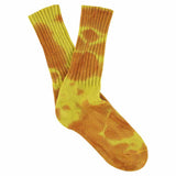 One-of-a-kind women's tie dye crew socks in rust and yellow, hand-dyed, made in Portugal by Escuyer