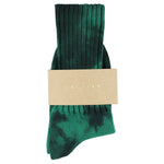 One-of-a-kind women's tie dye crew socks in black and green, hand-dyed, made in Portugal by Escuyer