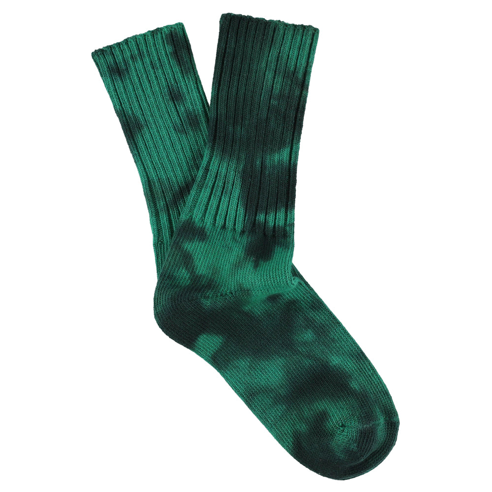 One-of-a-kind women's tie dye crew socks in black and green, hand-dyed, made in Portugal by Escuyer