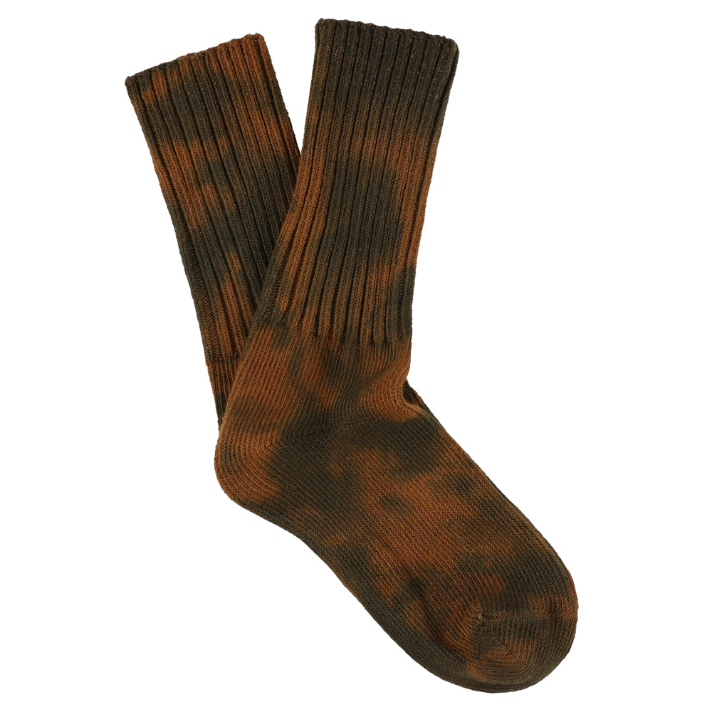 One-of-a-kind women's tie dye crew socks in brown and blue, hand-dyed, made in Portugal by Escuyer