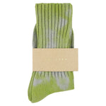 One-of-a-kind women's tie dye crew socks in grey and bright green, hand-dyed, made in Portugal by Escuyer