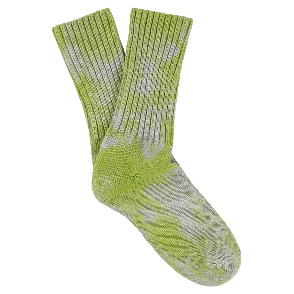 One-of-a-kind women's tie dye crew socks in grey and bright green, hand-dyed, made in Portugal by Escuyer