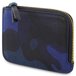 Escuyer blue camouflage zip wallet — hand-dyed Italian veg-tan leather, front view