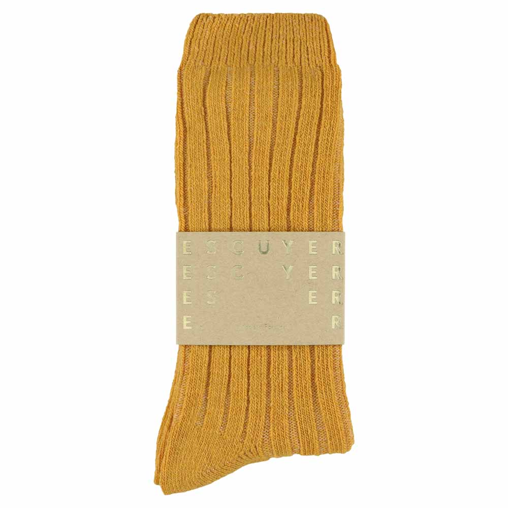 Close-up of Escuyer Mustard cashmere crew socks showing soft knit texture — 10% cashmere, 38% virgin wool, GRS certified recycled polyamide