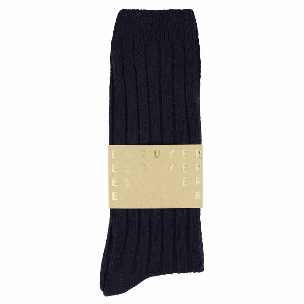 Close-up of Escuyer Navy cashmere crew socks showing soft knit texture — 10% cashmere, 38% virgin wool, GRS certified recycled polyamide