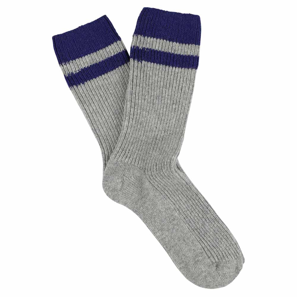 Escuyer men's striped cashmere socks in Grey and Strong Blue — mid-calf crew cut, premium cashmere and virgin wool blend, handmade in Portugal