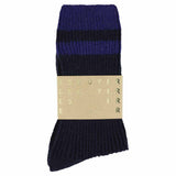 Close-up of Escuyer Navy / Strong Blue striped cashmere socks — 10% cashmere, 38% virgin wool, GRS certified recycled polyamide