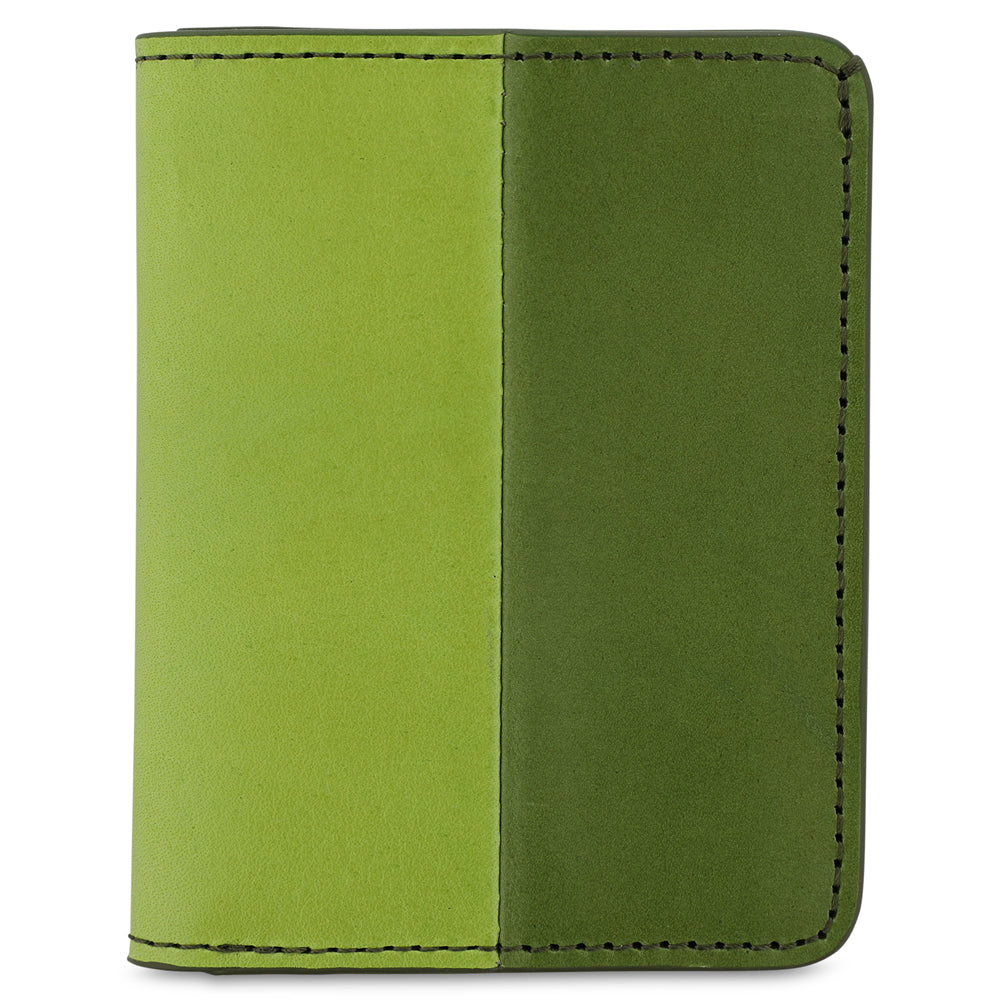 Escuyer clorofilla and lime slim wallet — vertical colour-block exterior, clorofilla left half, lime right half