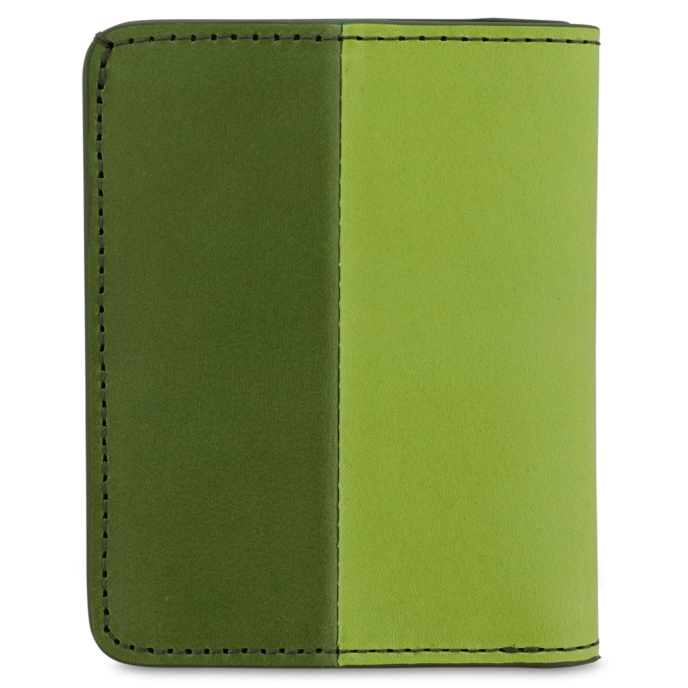Escuyer clorofilla and lime slim wallet showing vertical colour-block split and slim profile