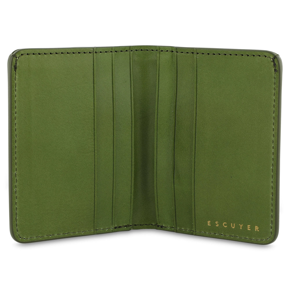 Escuyer clorofilla and lime slim wallet open — 6 card slots in natural leather interior