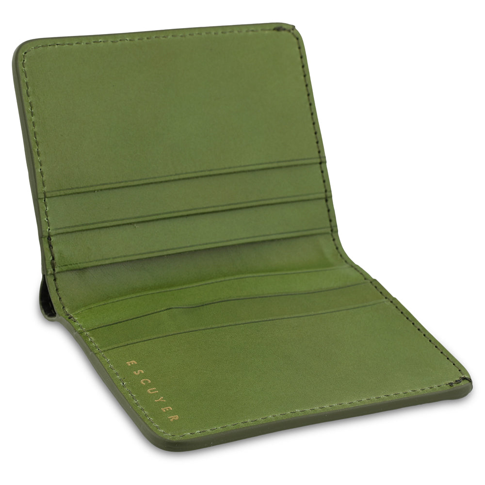 Escuyer clorofilla and lime slim wallet showing bill sleeve in natural leather interior