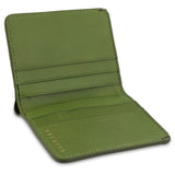 Escuyer clorofilla and lime slim wallet showing bill sleeve in natural leather interior