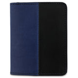 Escuyer marine and navy slim wallet — vertical colour-block exterior, marine left half, navy right half
