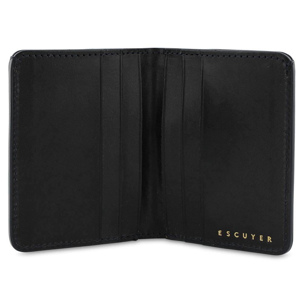 Escuyer marine and navy slim wallet open — 6 card slots in natural leather interior