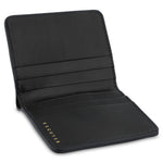 Escuyer marine and navy slim wallet showing bill sleeve in natural leather interior