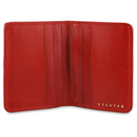 Escuyer red and pink slim wallet open — 6 card slots in natural leather interior