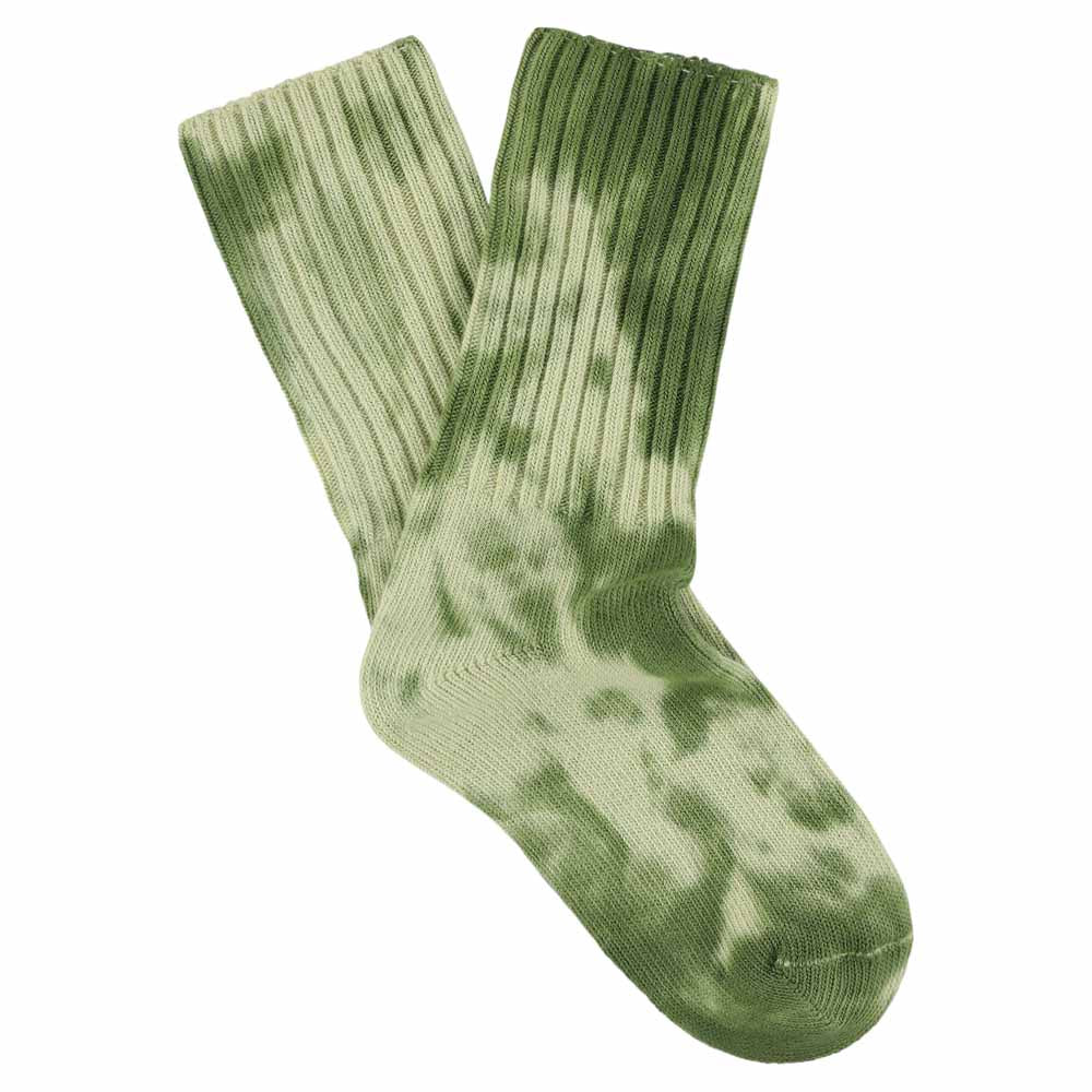 One-of-a-kind men's tie dye crew socks in ecru and olive, hand-dyed, made in Portugal by Escuyer
