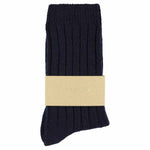 Close-up of Escuyer Navy women's cashmere crew socks — 10% cashmere, 38% virgin wool, GRS certified recycled polyamide