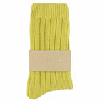 Close-up of Escuyer Yellow women's cashmere crew socks — 10% cashmere, 38% virgin wool, GRS certified recycled polyamide