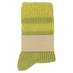 Close-up of Escuyer Green Grey / Yellow women's striped cashmere socks — 10% cashmere, 38% virgin wool, GRS certified recycled polyamide