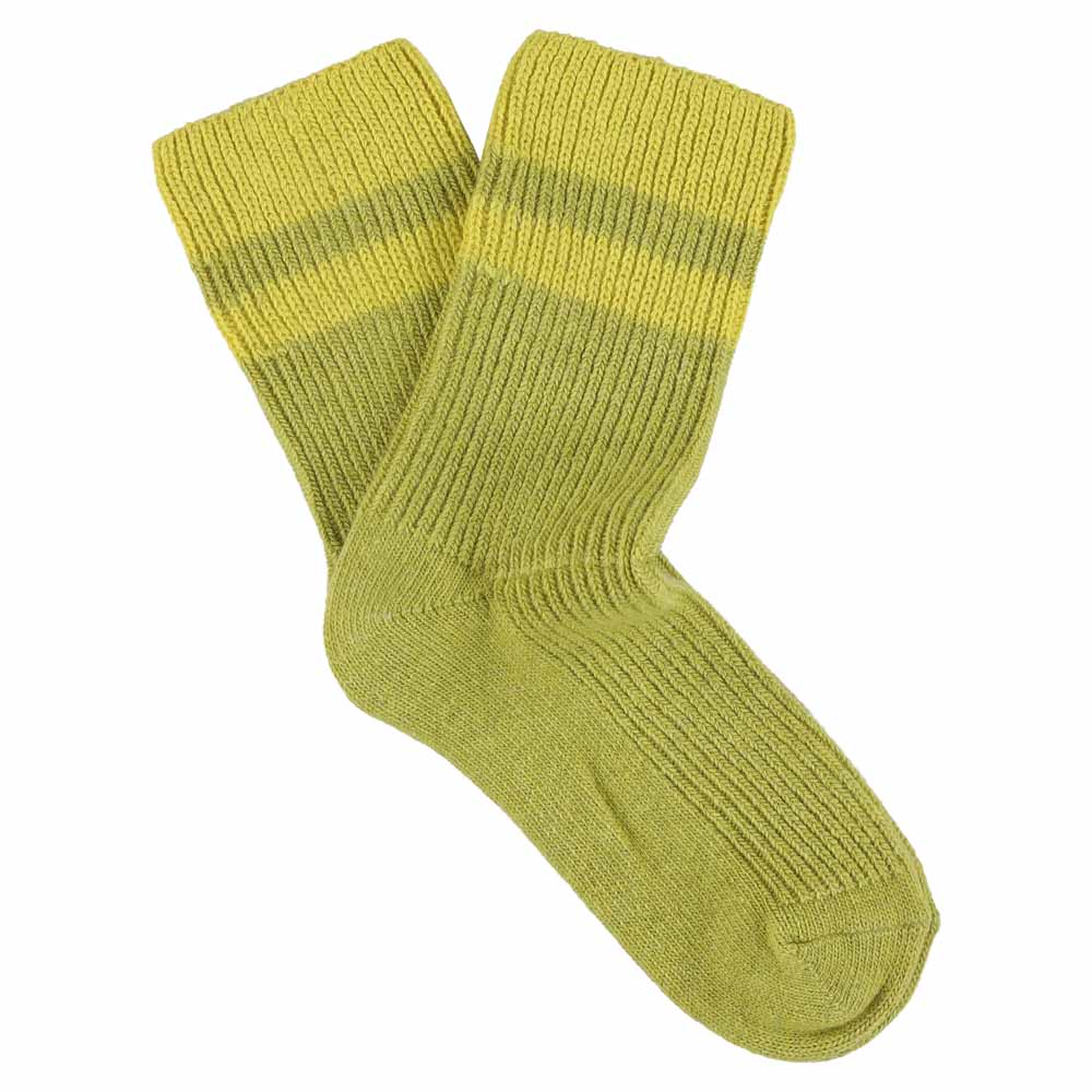 Escuyer women's striped cashmere socks in Green Grey and Yellow — mid-calf crew cut, premium cashmere and virgin wool blend, handmade in Portugal