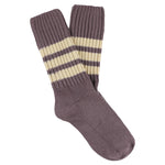 Women's striped crew socks in off purple and ecru, slub cotton, made in Portugal by Escuyer