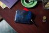 Blue camouflage wallet with gold zipper, handmade in Portugal from Italian vegetable leather goods