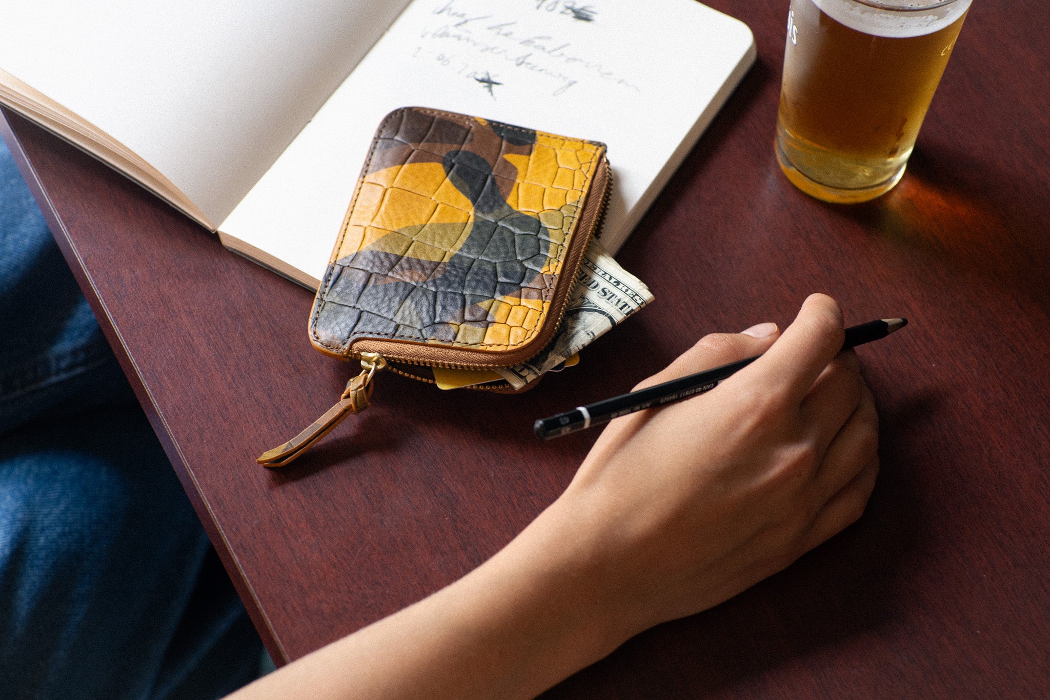 Escuyer crocodile camouflage zip wallet detail — croc emboss and hand-dyed camo ground
