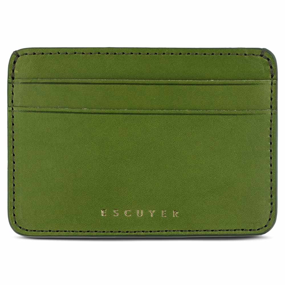Escuyer jungle green leather cardholder — handmade vegetable tanned leather card case, front view