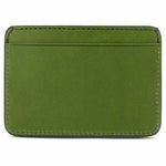 Slim jungle green leather cardholder by Escuyer, showing hand painted edges and card slots