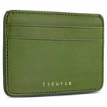 Interior view of Escuyer jungle green leather cardholder — centre bill section and card pockets