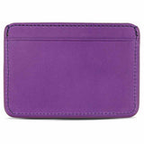 Slim violet leather cardholder by Escuyer, showing hand painted edges and card slots