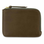 Escuyer khaki zip wallet showing zip closure and hand painted edges