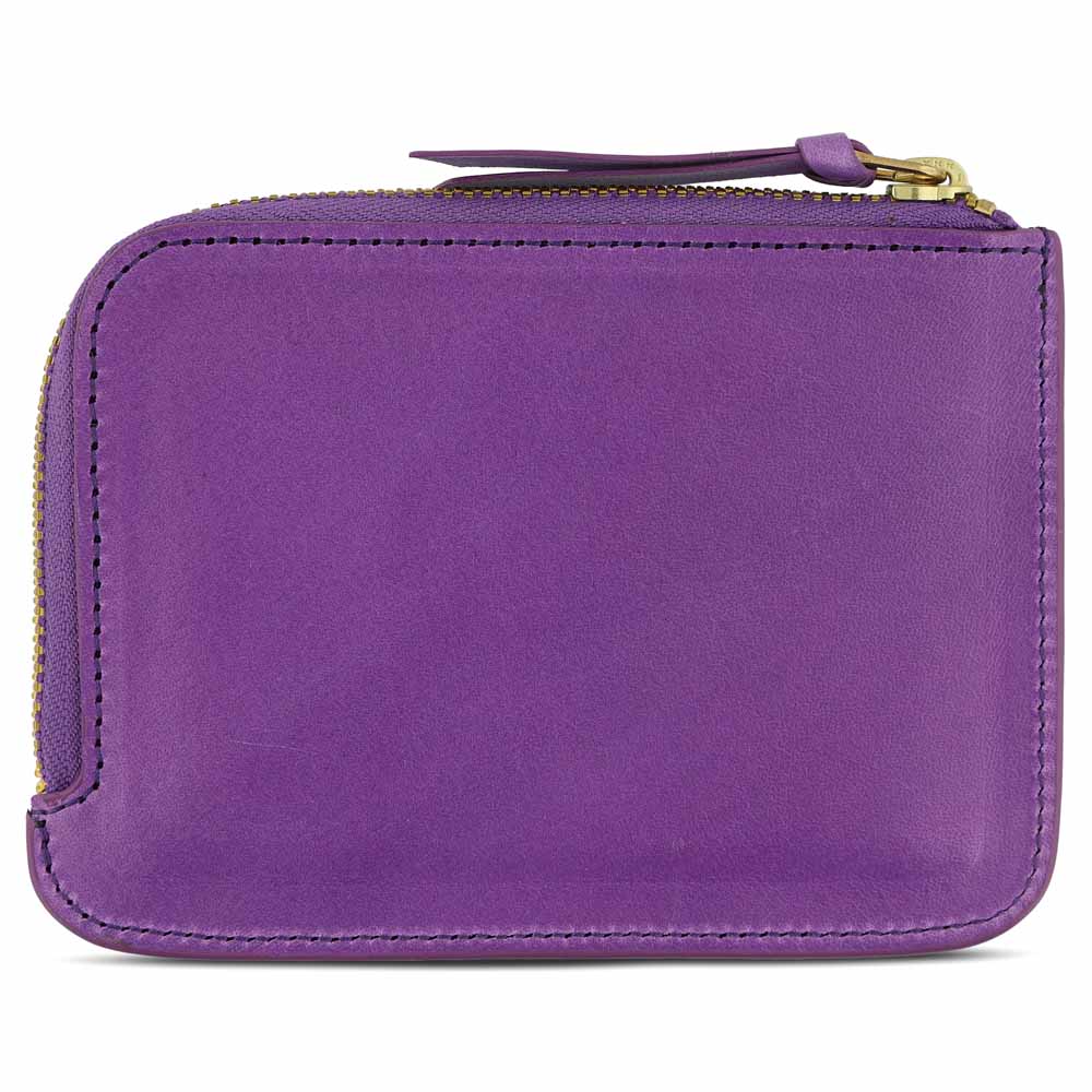 Escuyer violet zip wallet showing zip closure and hand painted edges
