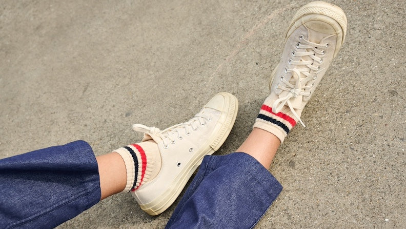 Close-up of Escuyer Women Striped Ankle Socks Ecru / Blue / Orange — retro stripe detail at the cuff