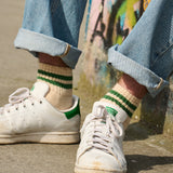 Man wearing Escuyer Men Striped Ankle Socks with Stan Smith sneakers — casual summer style