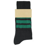 Women's striped crew socks in off black and green, slub cotton, made in Portugal by Escuyer