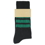 Women's striped crew socks in off black and green, slub cotton, made in Portugal by Escuyer