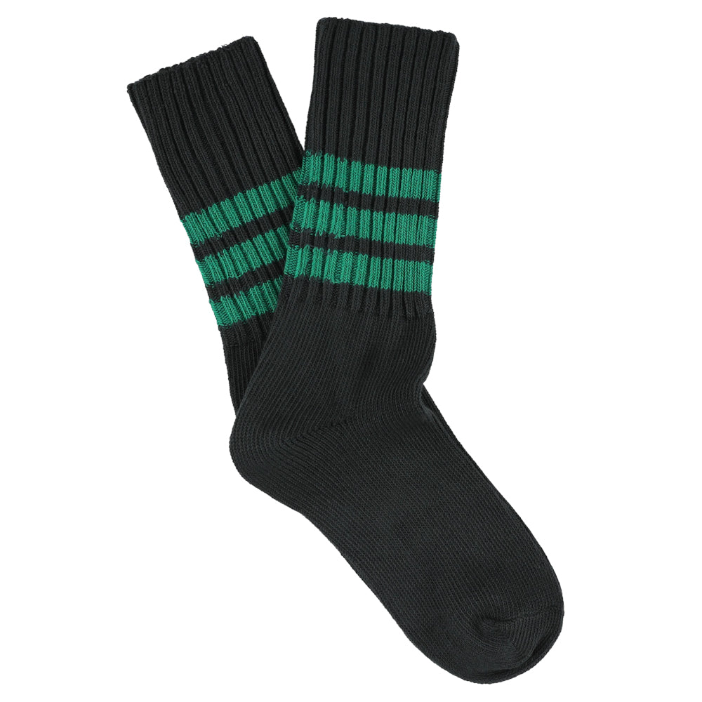 Women's striped crew socks in off black and green, slub cotton, made in Portugal by Escuyer