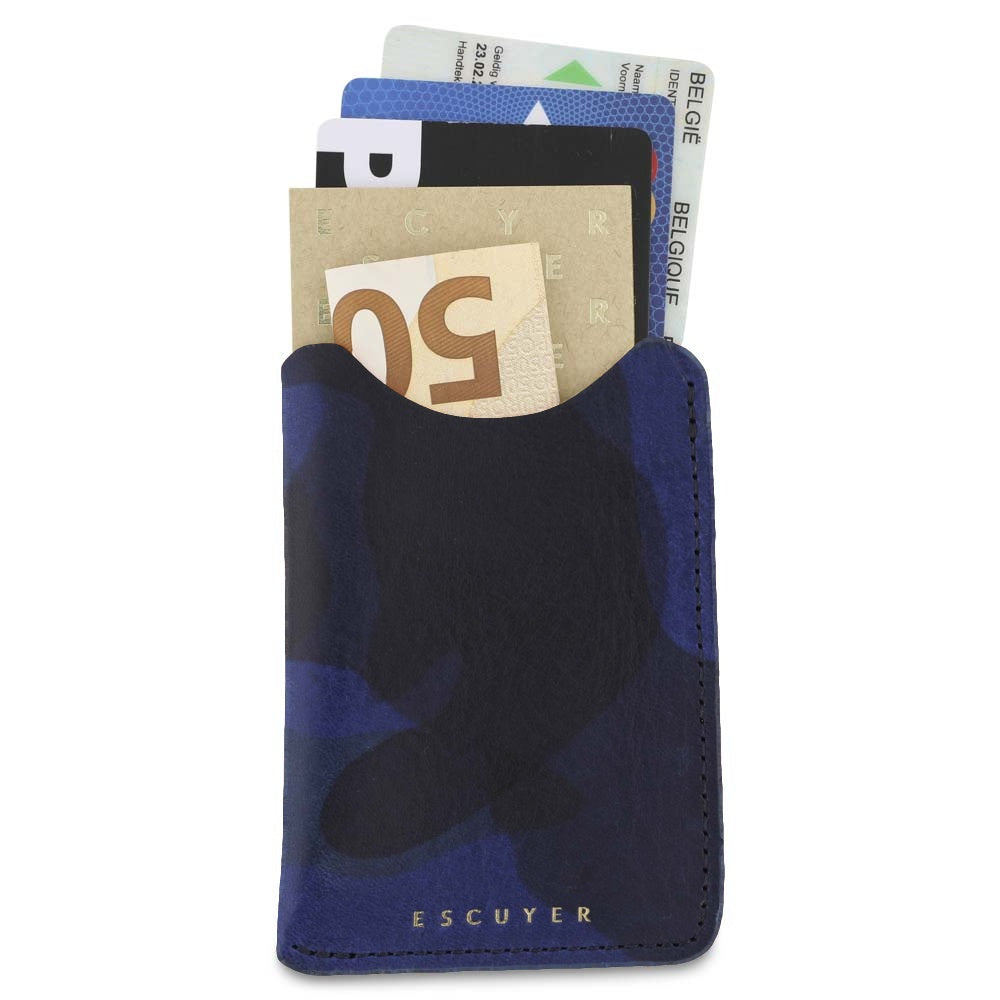 Escuyer blue camouflage leather card sleeve holding cards and a folded banknote — holds up to 8 cards