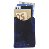 Escuyer blue camouflage leather card sleeve holding cards and a folded banknote — holds up to 8 cards