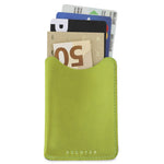 Escuyer clorofilla green leather card sleeve holding cards and a folded banknote — holds up to 8 cards
