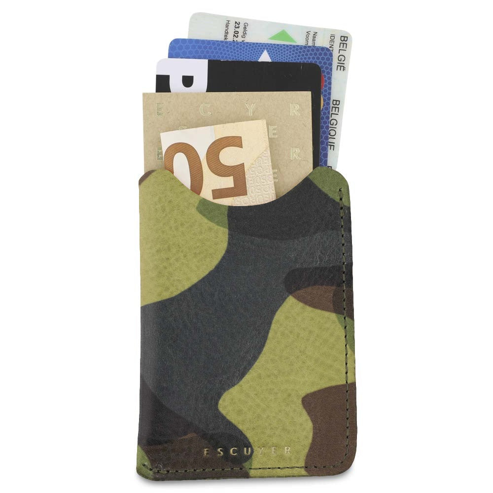 Escuyer light green camouflage leather card sleeve holding cards and a folded banknote — holds up to 8 cards