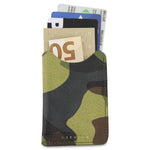 Escuyer light green camouflage leather card sleeve holding cards and a folded banknote — holds up to 8 cards