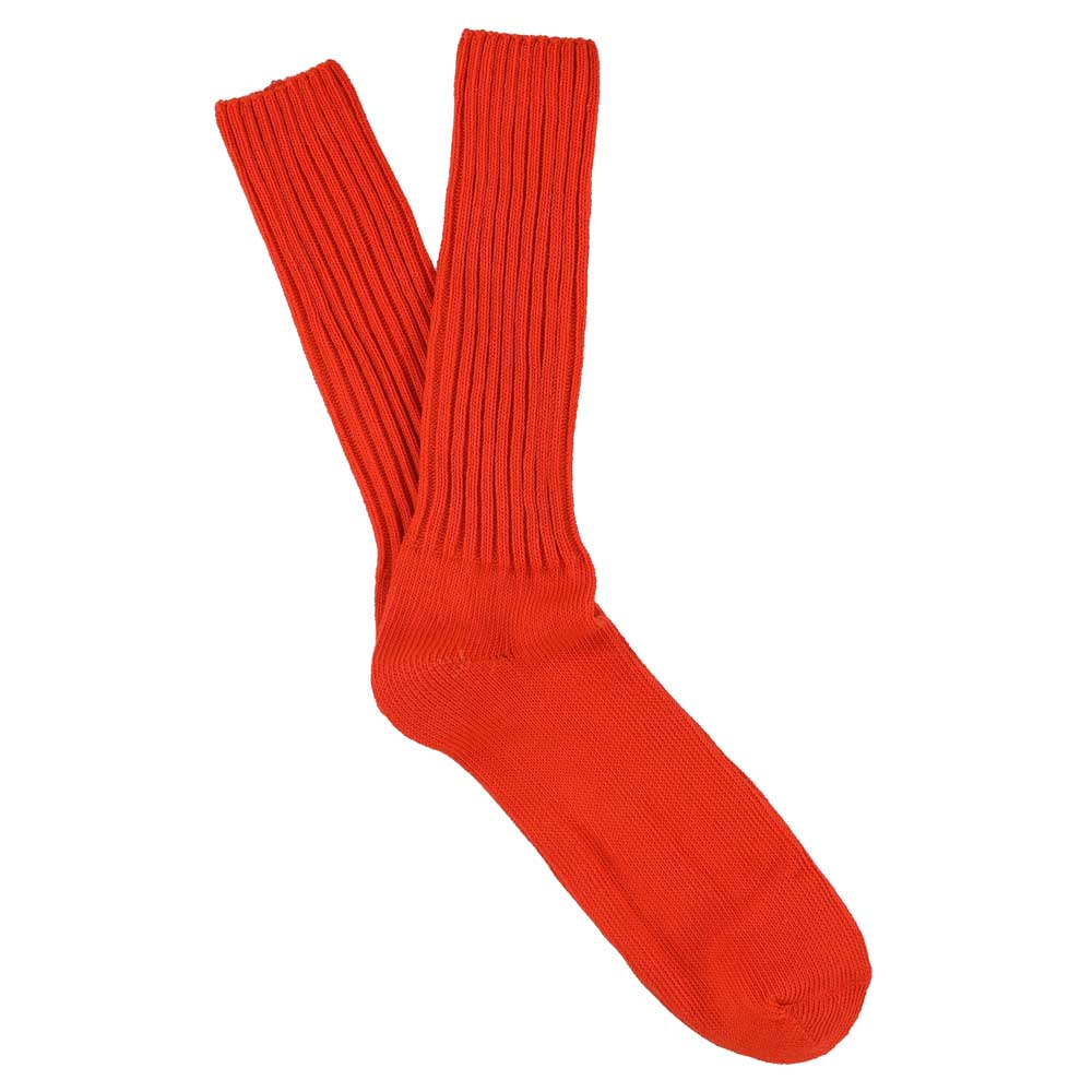 Men's ribbed crew socks in orange, slub cotton, made in Portugal by Escuyer