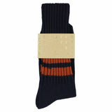 Men's striped crew socks in blue and rust, slub cotton, made in Portugal by Escuyer
