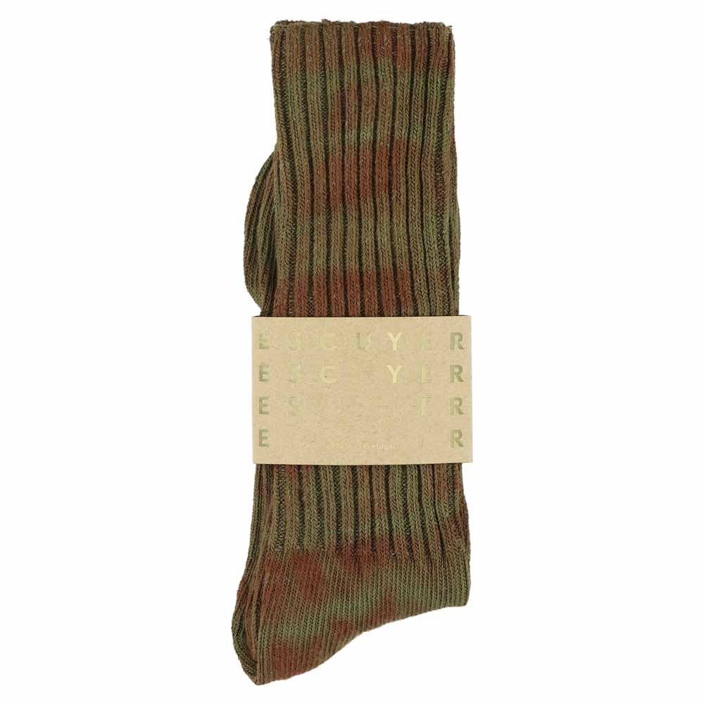 One-of-a-kind men's tie dye crew socks in brown and green, hand-dyed, made in Portugal by Escuyer